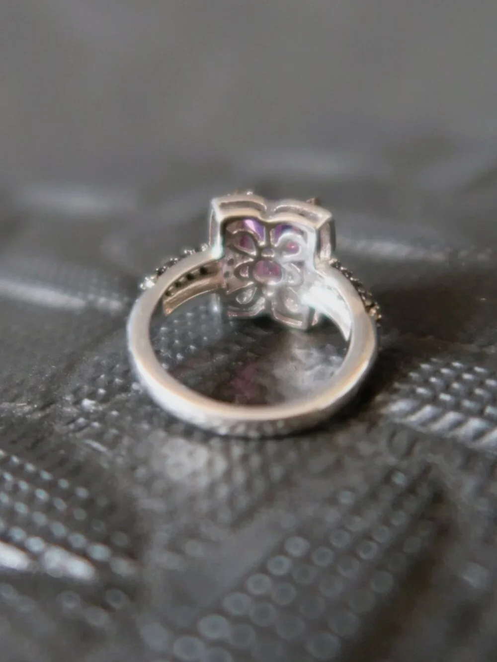 STS 925 Ring Sterling Silver Emerald Cut Light Purple and Black Gemstone Halo